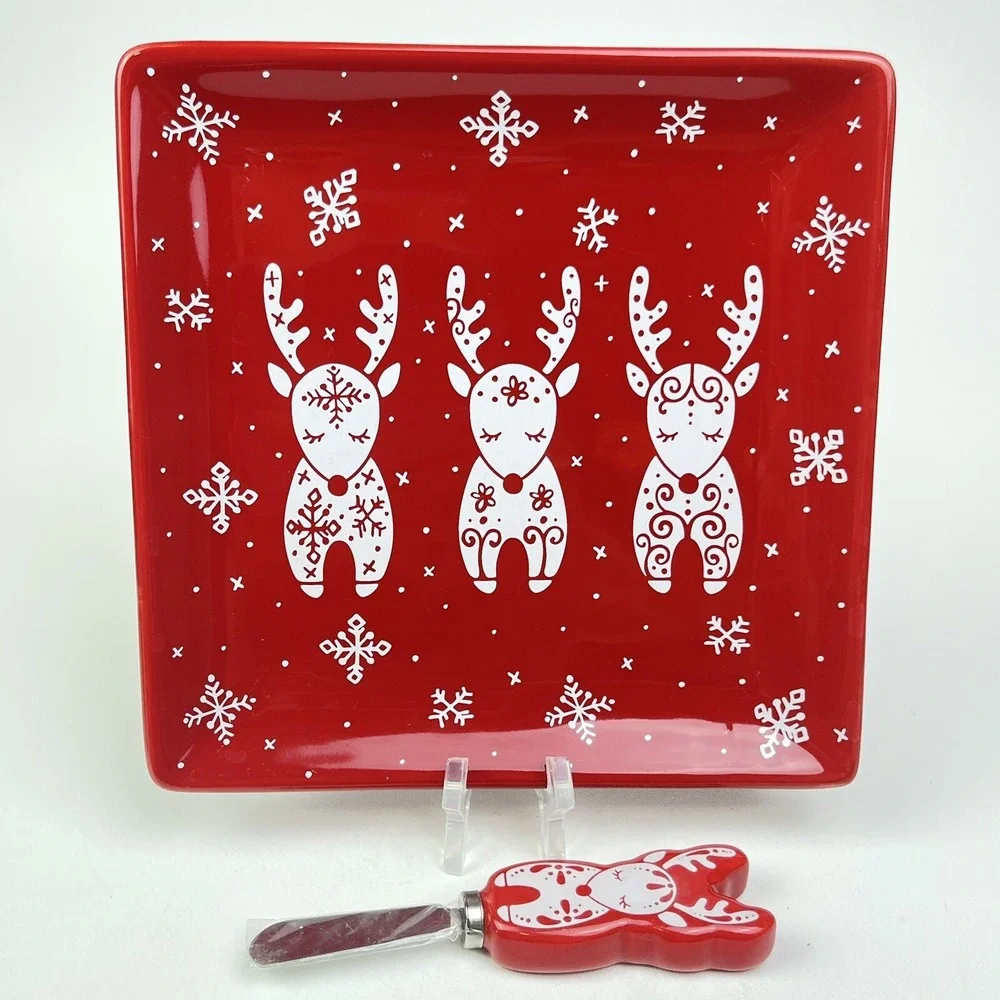 TempTations By Tara Serving Holiday Square Charcuterie Plate Cheese Knife Set